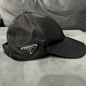 Prada Classic Black Baseball Nylon Cap with Metal Nameplate Logo Strap